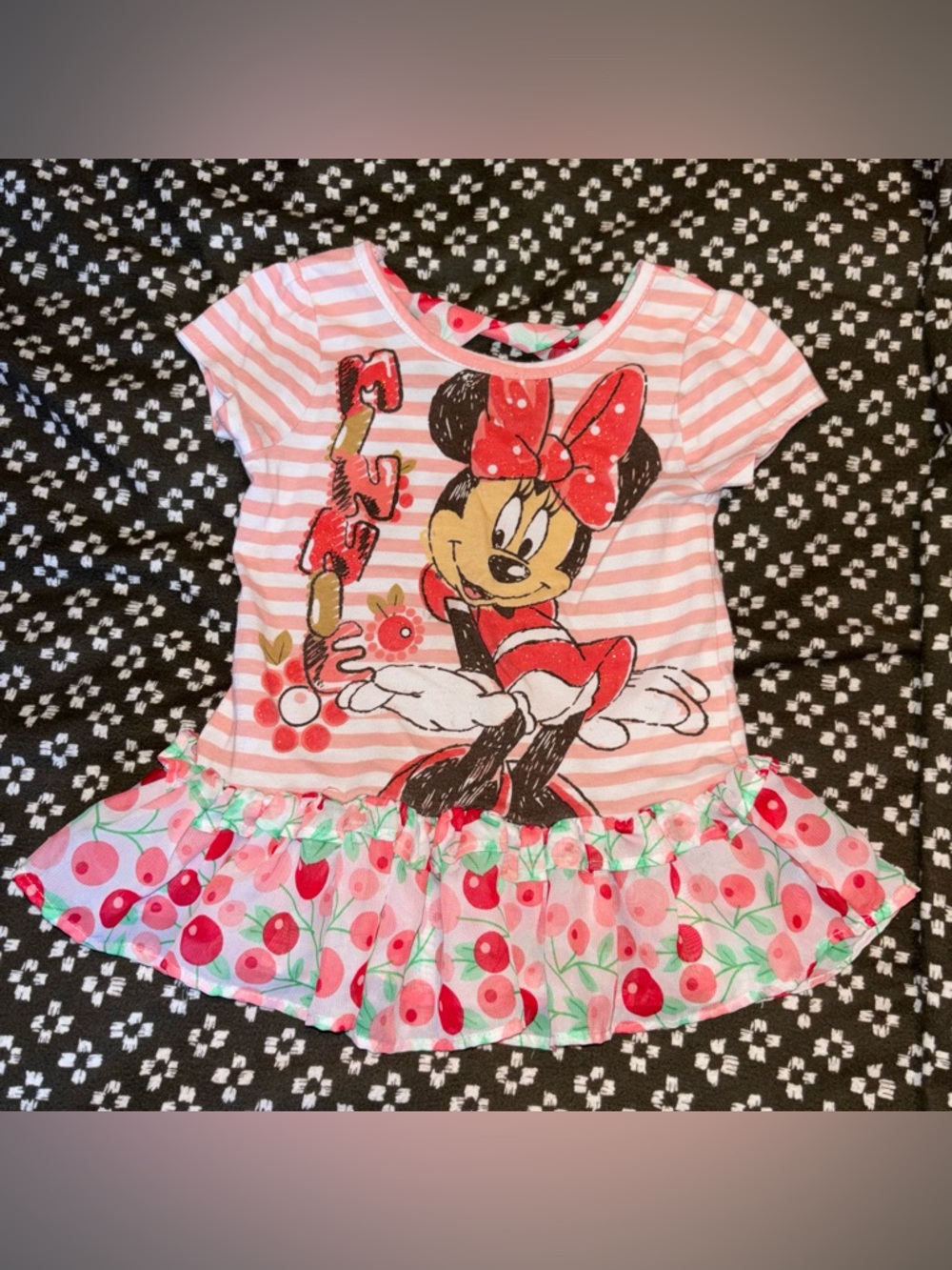 DISNEY Ruffles Tutu Pink Berries Twist Back Minnie Mouse Vacation Party Shirt 3t